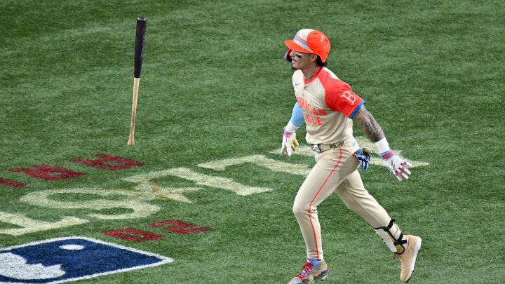 Jul 16, 2024; Arlington, Texas, USA; American League outfielder Jarren Duran of the Boston Red Sox (16) tosses his bat after he hits a two run home run during the fifth inning against the National League in the 2024 MLB All-Star game at Globe Life Field. Mandatory Credit: Jerome Miron-USA TODAY Sports