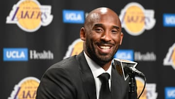 Dec 18, 2017; Los Angeles, CA, USA; Former Lakers player Kobe Bryant speaks to the media prior to the Lakers' game against the Golden State Warriors at Staples Center. Bryant's numbers 8 and 24 were to be retired during a halftime ceremony.
