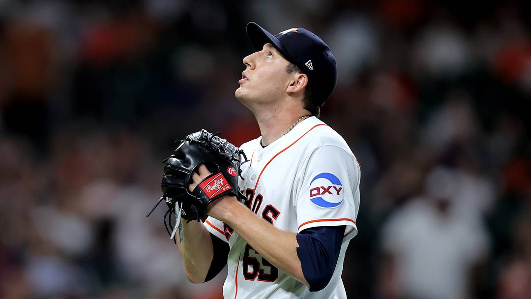 Aug 22, 2026; Houston, Texas, USA;  Houston Astros pitcher AJ Blubaugh (69) reacts after a strikeout to retire the side against the Athletics during the seventh inning at Daikin Park.  Mandatory Credit: Erik Williams-Imagn Images