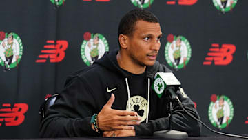 Sep 24, 2024; Boston, MA, USA; Boston Celtics head coach Joe Mazzulla talks to reporters during media day at Auerbach Center. Mandatory Credit: David Butler II-Imagn Images