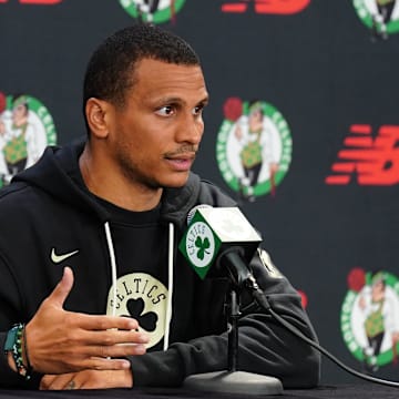 Sep 24, 2024; Boston, MA, USA; Boston Celtics head coach Joe Mazzulla talks to reporters during media day at Auerbach Center. Mandatory Credit: David Butler II-Imagn Images