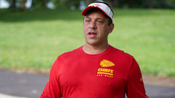 Kansas City Chiefs general manager Brett Veach walks down the hill to the fields during training camp at Missouri Western State University. Mandatory Credit: Denny Medley-Imagn Images