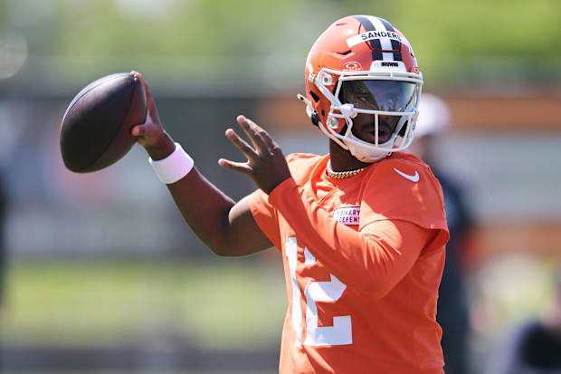 May 10, 2025; Berea, OH, USA; Cleveland Browns quarterback Shedeur Sanders (12) throws a pass during rookie minicamp at Cross