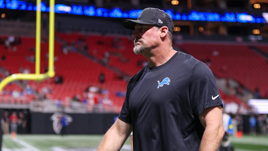 Aug 8, 2025; Atlanta, Georgia, USA; Detroit Lions head coach Dan Campbell before a game against the Atlanta Falcons at Mercedes-Benz Stadium. Mandatory Credit: Brett Davis-Imagn Images