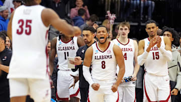 Mar 27, 2025; Newark, NJ, USA; Alabama Crimson Tide guard Chris Youngblood (8) and the Alabama Crimson Tide bench celebrate during the second half against the Brigham Young Cougars during an East Regional semifinal of the 2025 NCAA tournament at Prudential Center. Mandatory Credit: Robert Deutsch-Imagn Images