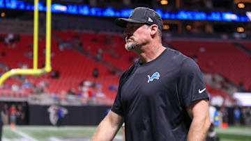 Aug 8, 2025; Atlanta, Georgia, USA; Detroit Lions head coach Dan Campbell before a game against the Atlanta Falcons at Mercedes-Benz Stadium. Mandatory Credit: Brett Davis-Imagn Images