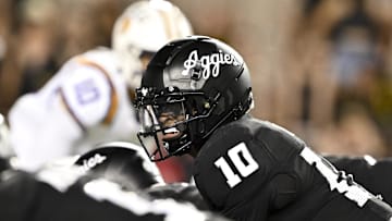 Oct 26, 2024; College Station, Texas, USA; Texas A&M Aggies quarterback Marcel Reed (10) calls a play against the LSU Tigers during the fourth quarter. The Aggies defeated the Tigers 38-23; at Kyle Field. Mandatory Credit: Maria Lysaker-Imagn Images.  