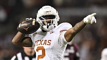 Nov 30, 2024; College Station, Texas, USA; Texas Longhorns wide receiver Matthew Golden (2) motions during the second half against the Texas A&M Aggies. The Longhorns defeated the Aggies 17-7 at Kyle Field. 
