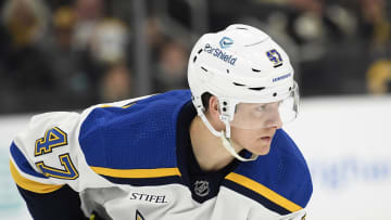 Mar 11, 2024; Boston, Massachusetts, USA;  St. Louis Blues defenseman Torey Krug (47) gets set for a face-off during the third period against the Boston Bruins at TD Garden. Mandatory Credit: Bob DeChiara-USA TODAY Sports