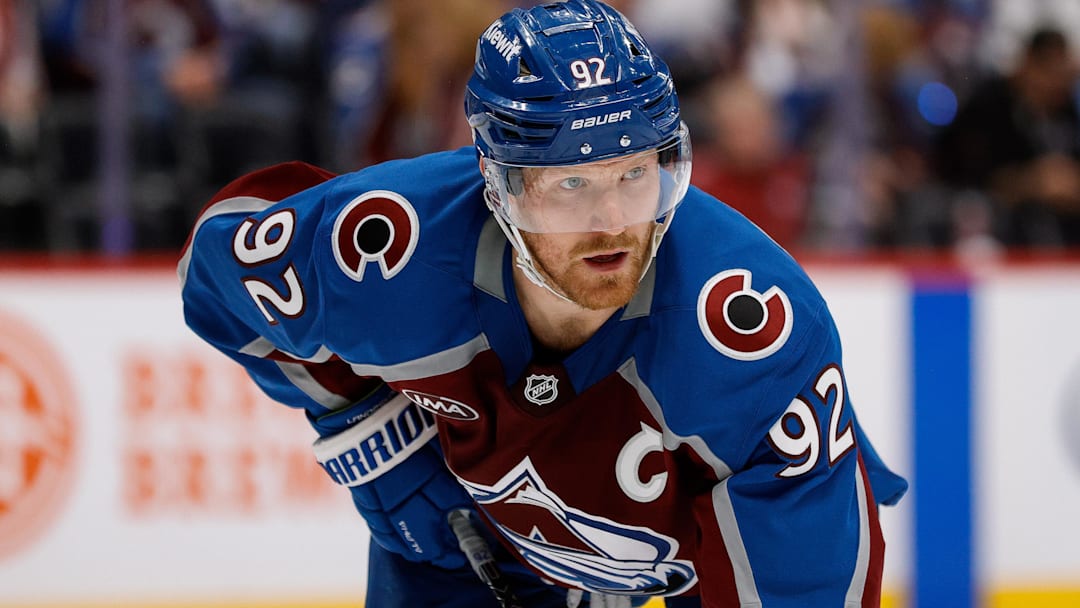Apr 23, 2025; Denver, Colorado, USA; Colorado Avalanche left wing Gabriel Landeskog (92) in the second period against the Dallas Stars in game three of the first round of the 2025 Stanley Cup Playoffs at Ball Arena. Mandatory Credit: Isaiah J. Downing-Imagn Images