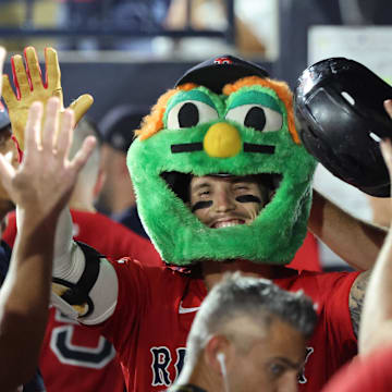 Sep 19, 2025; Tampa, Florida, USA;  Boston Red Sox outfielder Jarren Duran (16) is congratulated after hitting a two-run home run during the seventh inning against the Tampa Bay Rays at George M. Steinbrenner Field. Mandatory Credit: Kim Klement Neitzel-Imagn Images