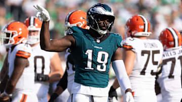 Oct 13, 2024; Philadelphia, Pennsylvania, USA; Philadelphia Eagles linebacker Josh Sweat (19) reacts after a sack during the third quarter against the Cleveland Browns at Lincoln Financial Field. Mandatory Credit: Bill Streicher-Imagn Images