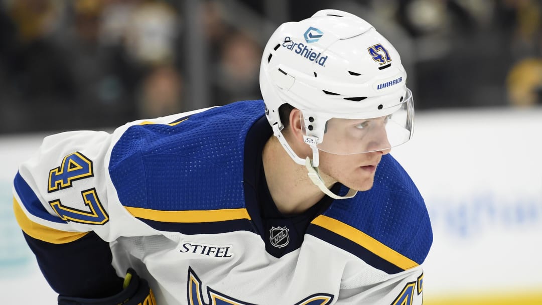 Mar 11, 2024; Boston, Massachusetts, USA;  St. Louis Blues defenseman Torey Krug (47) gets set for a face-off during the third period against the Boston Bruins at TD Garden. Mandatory Credit: Bob DeChiara-USA TODAY Sports