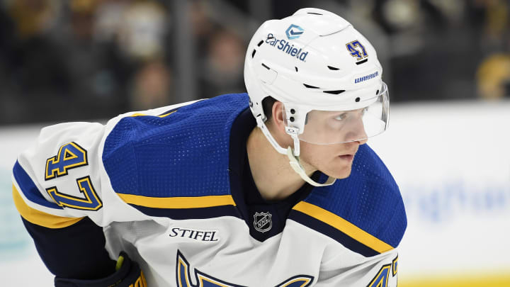 Mar 11, 2024; Boston, Massachusetts, USA;  St. Louis Blues defenseman Torey Krug (47) gets set for a face-off during the third period against the Boston Bruins at TD Garden. Mandatory Credit: Bob DeChiara-USA TODAY Sports