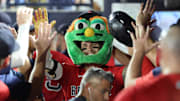 Sep 19, 2025; Tampa, Florida, USA;  Boston Red Sox outfielder Jarren Duran (16) is congratulated after hitting a two-run home run during the seventh inning against the Tampa Bay Rays at George M. Steinbrenner Field. Mandatory Credit: Kim Klement Neitzel-Imagn Images