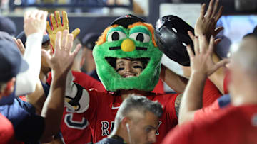 Sep 19, 2025; Tampa, Florida, USA;  Boston Red Sox outfielder Jarren Duran (16) is congratulated after hitting a two-run home run during the seventh inning against the Tampa Bay Rays at George M. Steinbrenner Field. Mandatory Credit: Kim Klement Neitzel-Imagn Images