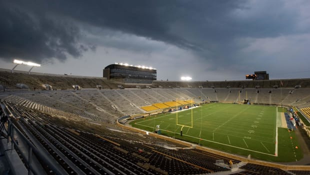 Notre Dame Stadium had to be evacuated in the middle of the 2011 opener against South Florida.  The stadium sits empty.