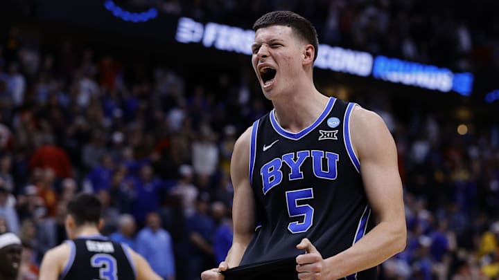 Mar 22, 2025; Denver, CO, USA; Brigham Young Cougars forward Mihailo Boskovic (5) reacts after defeating the Wisconsin Badgers in the second round of the NCAA Tournament at Ball Arena. Mandatory Credit: Isaiah J. Downing-Imagn Images Mar 22, 2025; Denver, CO, USA; Brigham Young Cougars forward Mihailo Boskovic (5) reacts after defeating the Wisconsin Badgers in the second round of the NCAA Tournament at Ball Arena. Mandatory Credit: Isaiah J. Downing-Imagn Images