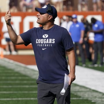 Oct 28, 2023; Austin, Texas, USA; Brigham Young Cougars head coach Kalani Sitake signals to players during the first half against the Texas Longhorns at Darrell K Royal-Texas Memorial Stadium. Mandatory Credit: Scott Wachter-USA TODAY Sports