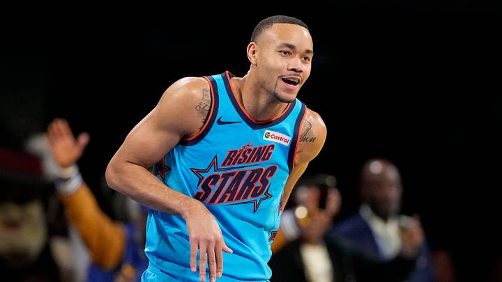 Feb 14, 2025; San Francisco, California, USA; Team G-League guard Bryce McGowens (11) of Rip City Remix celebrates during the 2025 NBA Rising Stars Game at Chase Center. Mandatory Credit: Kyle Terada-Imagn Images