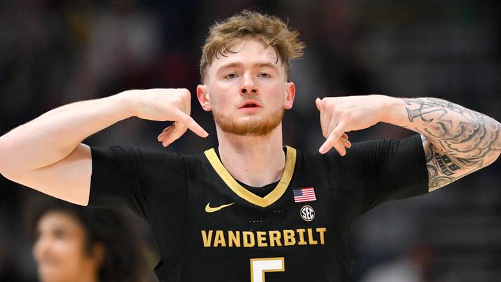 Mar 15, 2026; Nashville, TN, USA; Vanderbilt Commodores forward Tyler Nickel (5) reacts after a play against the Arkansas Razorbacks in the first half during the men's SEC Conference Tournament Championship at Bridgestone Arena. Mandatory Credit: Steve Roberts-Imagn Images