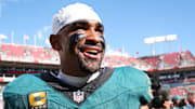 Philadelphia Eagles quarterback Jalen Hurts is all smiles after beating the Tampa Bay Buccaneers on Sunday.