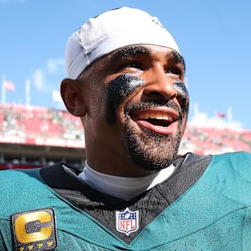 Philadelphia Eagles quarterback Jalen Hurts is all smiles after beating the Tampa Bay Buccaneers on Sunday.