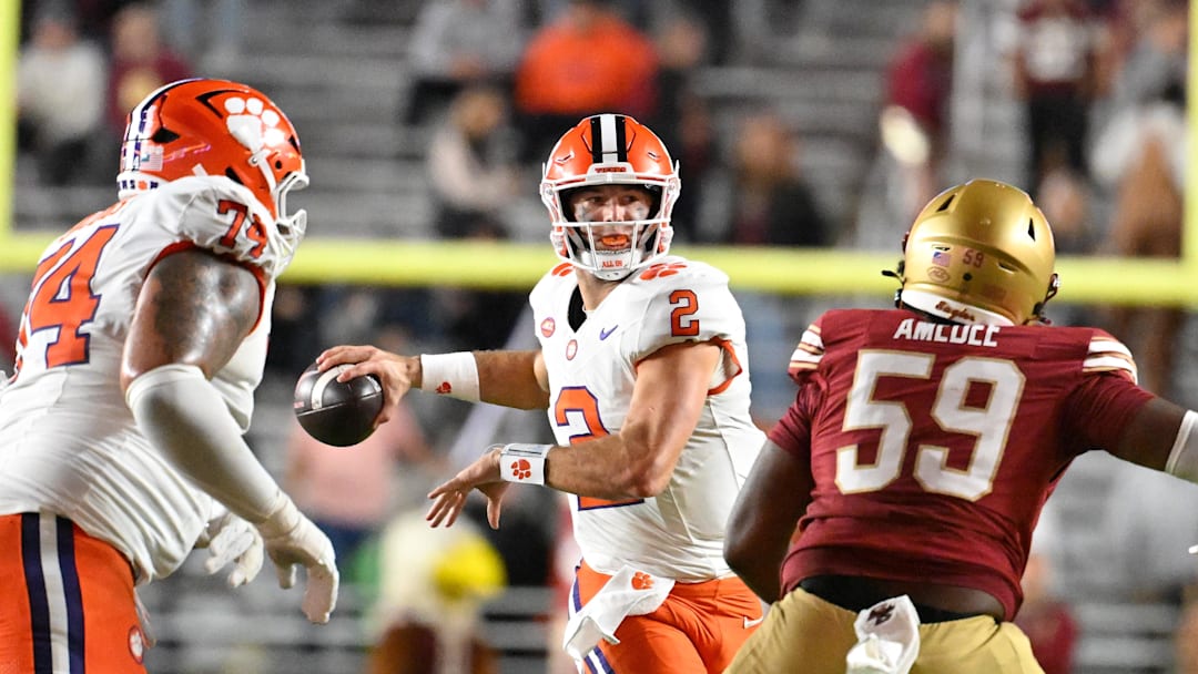 Oct 11, 2025; Chestnut Hill, Massachusetts, USA; Clemson Tigers quarterback Cade Klubnik (2) throws a pass against the Boston College Eagles during the second half at Alumni Stadium. Mandatory Credit: Eric Canha-Imagn Images