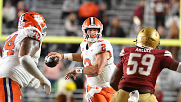 Oct 11, 2025; Chestnut Hill, Massachusetts, USA; Clemson Tigers quarterback Cade Klubnik (2) throws a pass against the Boston College Eagles during the second half at Alumni Stadium. Mandatory Credit: Eric Canha-Imagn Images