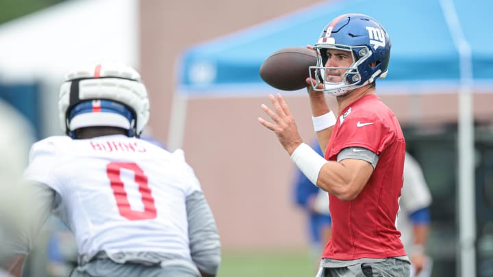 Jul 24, 2024; East Rutherford, NJ, USA; New York Giants quarterback Daniel Jones (8) passes the ball during training camp at Quest Diagnostics Training Facility.  