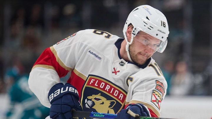 Jan 25, 2025; San Jose, California, USA; Florida Panthers center Aleksander Barkov (16) warms up before the game against the San Jose Sharks at SAP Center at San Jose. Mandatory Credit: Robert Edwards-Imagn Images