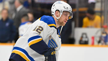 Mar 27, 2025; Nashville, Tennessee, USA;  St. Louis Blues center Radek Faksa (12) warms up before a game against the Nashville Predators at Bridgestone Arena. Mandatory Credit: Steve Roberts-Imagn Images