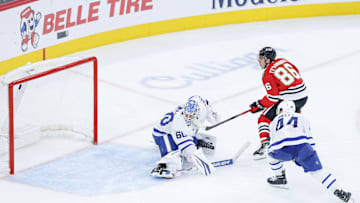 Nov 15, 2025; Chicago, Illinois, USA; Chicago Blackhawks center Teuvo Teravainen (86) scores against the Toronto Maple Leafs during the third period at United Center. Mandatory Credit: Kamil Krzaczynski-Imagn Images