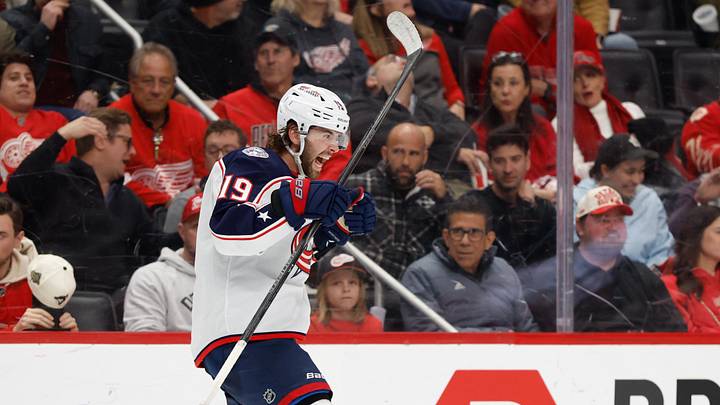 Apr 7, 2026; Detroit, Michigan, USA;  Columbus Blue Jackets center Adam Fantilli (19) celebrates after scoring in the third period against the Detroit Red Wingsat Little Caesars Arena.