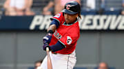 Jul 5, 2025; Cleveland, Ohio, USA; Cleveland Guardians designated hitter Jose Ramirez (11) hits a single during the fourth inning against the Detroit Tigers at Progressive Field. Mandatory Credit: Ken Blaze-Imagn Images