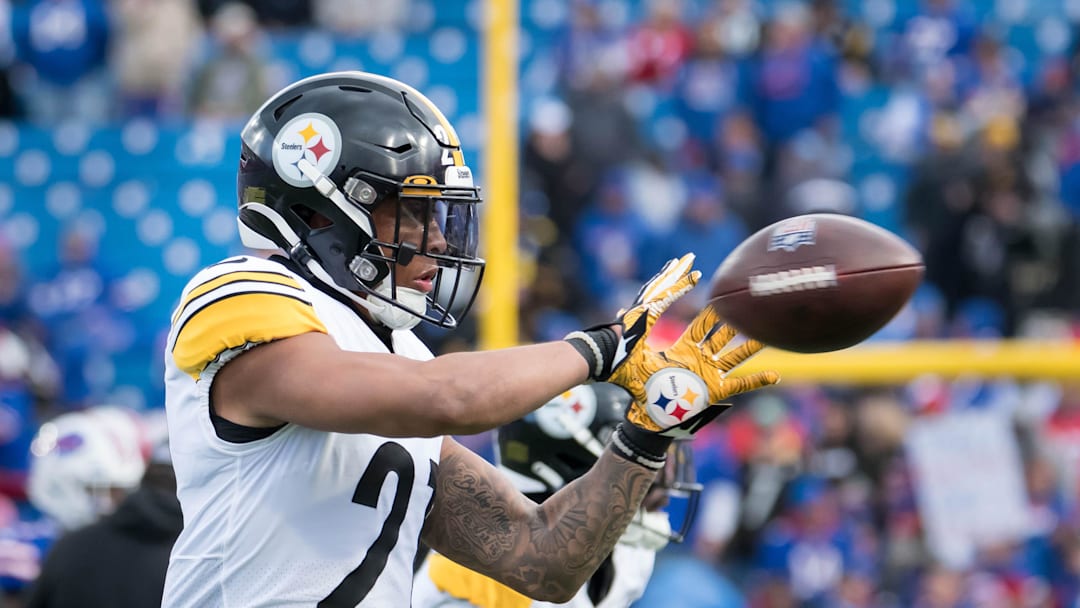 Oct 9, 2022; Orchard Park, New York, USA; Pittsburgh Steelers safety Tre Norwood (21) warms up before a game against the Buffalo Bills at Highmark Stadium. Mandatory Credit: Mark Konezny-Imagn Images
