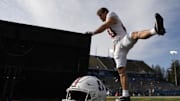 Nov 29, 2024; San Jose, California, USA; The helmet of Stanford Cardinal wide receiver David Kasemervisz (80) is seen as he stretches before their game against the San Jose State Spartans at CEFCU Stadium. Mandatory Credit: Eakin Howard-Imagn Images