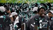 Philadelphia Eagles safety C.J. Gardner-Johnson celebrates during the championship presentation after Super Bowl LIX