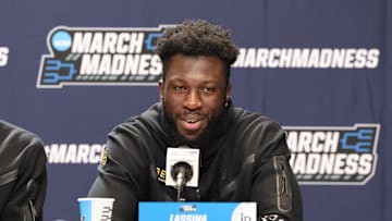 Mar 20, 2024; Salt Lake City, UT, USA; Long Beach State 49ers forward Lassina Traore (23) addresses the media during the NCAA first round practice session at Delta Center.