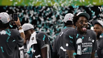 Philadelphia Eagles safety C.J. Gardner-Johnson celebrates during the championship presentation after Super Bowl LIX