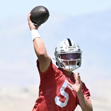 Jun 11, 2025; Henderson, NV, USA; Raiders quarterback Cam Miller (5) throws the ball during Las Vegas Raiders Minicamp at Intermountain Health Performance Center. Mandatory Credit: Candice Ward-Imagn Images
