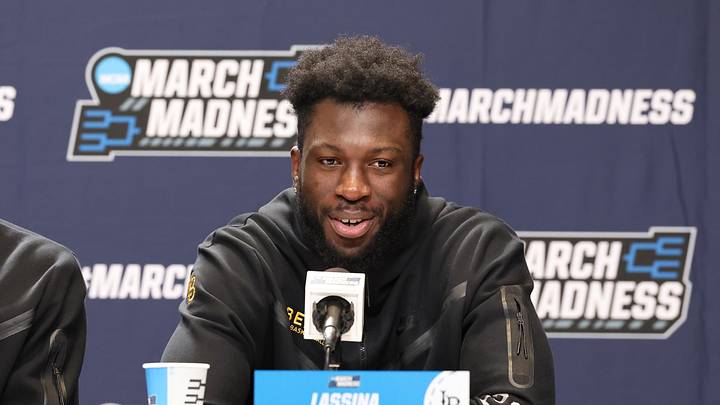 Mar 20, 2024; Salt Lake City, UT, USA; Long Beach State 49ers forward Lassina Traore (23) addresses the media during the NCAA first round practice session at Delta Center.