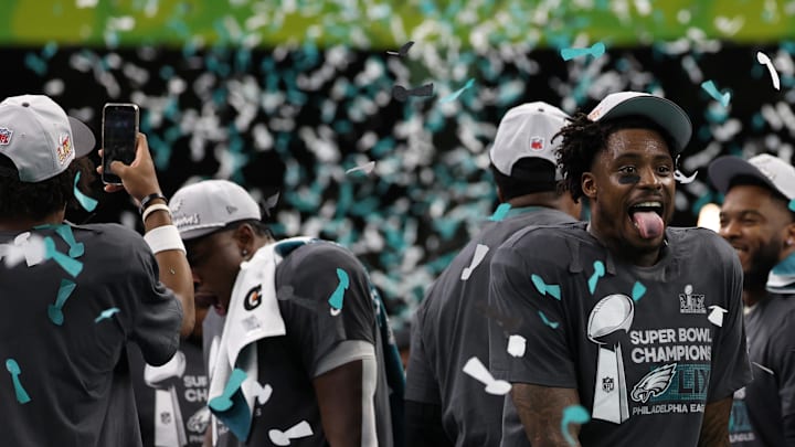 Philadelphia Eagles safety C.J. Gardner-Johnson celebrates during the championship presentation after Super Bowl LIX Philadelphia Eagles safety C.J. Gardner-Johnson celebrates during the championship presentation after Super Bowl LIX