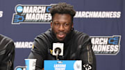 Mar 20, 2024; Salt Lake City, UT, USA; Long Beach State 49ers forward Lassina Traore (23) addresses the media during the NCAA first round practice session at Delta Center. Mandatory Credit: Rob Gray-Imagn Images
