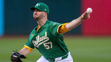 Apr 30, 2024; Oakland, California, USA;  Oakland Athletics pitcher Alex Wood (57) delivers a pitch against the Pittsburgh Pirates during the first inning at Oakland-Alameda County Coliseum. Mandatory Credit: Neville E. Guard-USA TODAY Sports