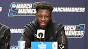 Mar 20, 2024; Salt Lake City, UT, USA; Long Beach State 49ers forward Lassina Traore (23) addresses the media during the NCAA first round practice session at Delta Center. Mandatory Credit: Rob Gray-Imagn Images