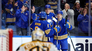 Apr 6, 2025; Buffalo, New York, USA;  Buffalo Sabres center Tage Thompson (72) celebrates his goal with teammates during the second period against the Boston Bruins at KeyBank Center. Mandatory Credit: Timothy T. Ludwig-Imagn Images