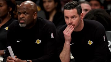  Los Angeles Lakers head coach JJ Redick watches from the bench during the fourth quarter against the Brooklyn Nets at Barclays Center.