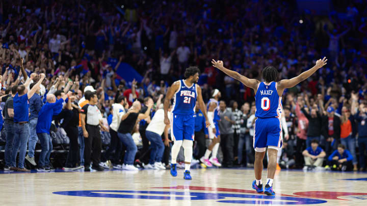 May 2, 2024; Philadelphia, Pennsylvania, USA; Philadelphia 76ers guard Tyrese Maxey (0) reacts to a score against the New York Knicks during game six of the first round for the 2024 NBA playoffs at Wells Fargo Center. Mandatory Credit: Bill Streicher-USA TODAY Sports