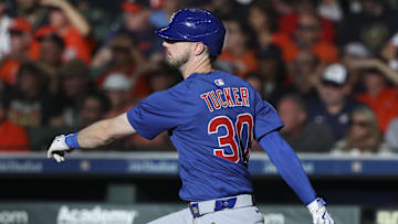 Jun 28, 2025; Houston, Texas, USA; Chicago Cubs right fielder Kyle Tucker (30) bats during the game against the Houston Astros at Daikin Park.